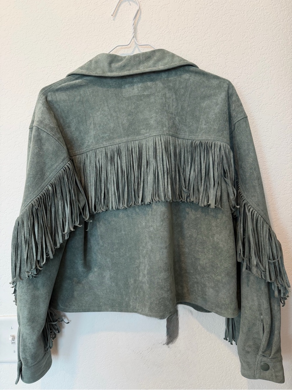 Blank NYC x Anthropologie Faux Suede Fringe Jacket- Sage Green, Size Small